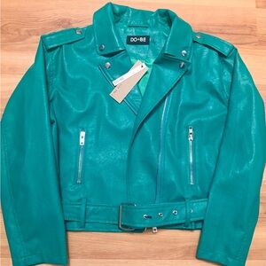 DO+BE Teal Faux Leather Biker Jacket with Belt